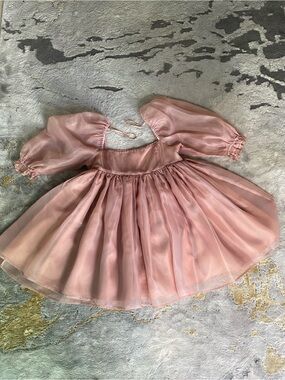 “Mable” Taupe Shiny Tulle 3/4 Puff ruffled embroidered sleeve ends MidiDress